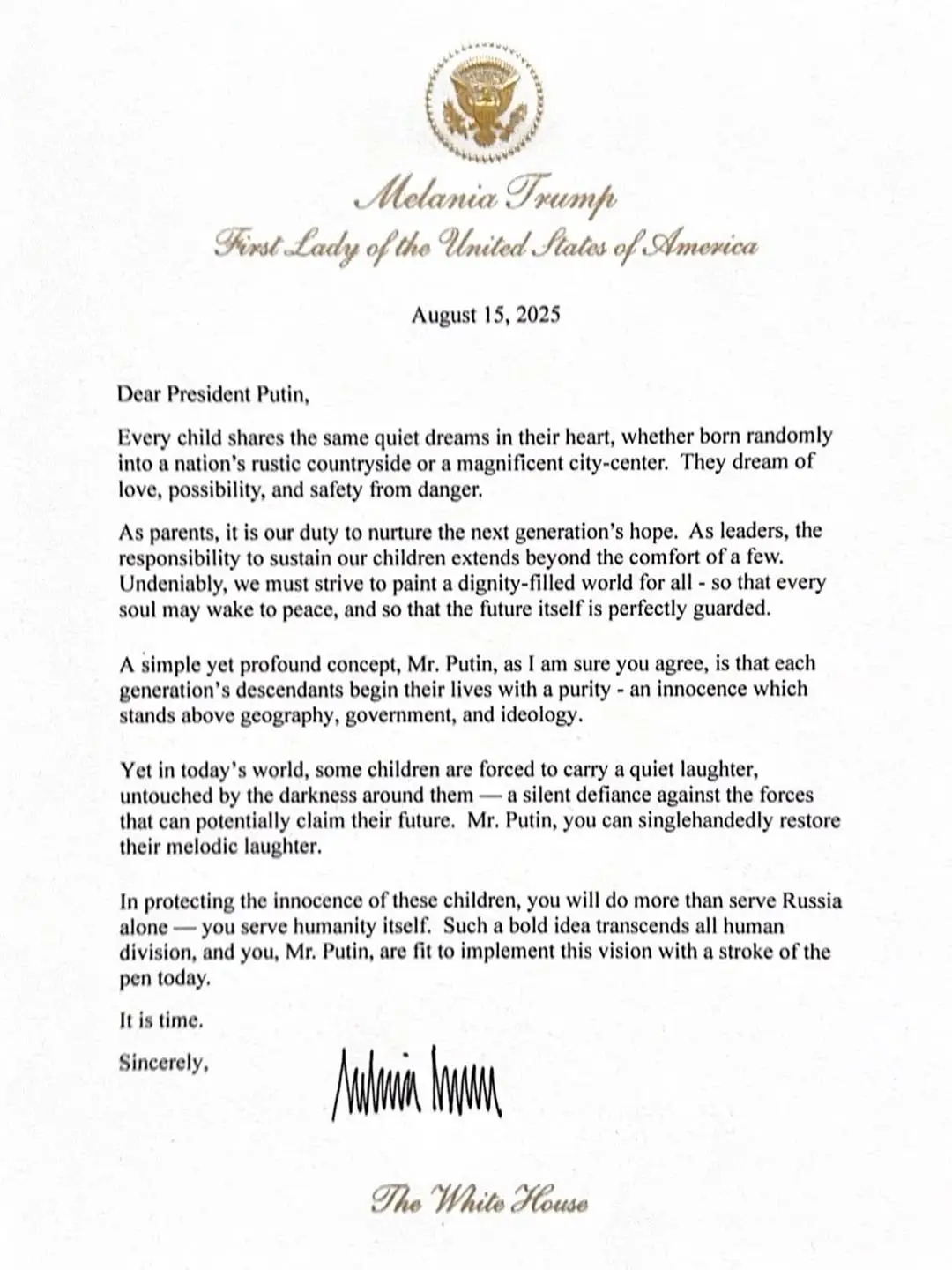 The letter in question was hand-delivered to the Russian President last Friday (Instagram/@flotus)