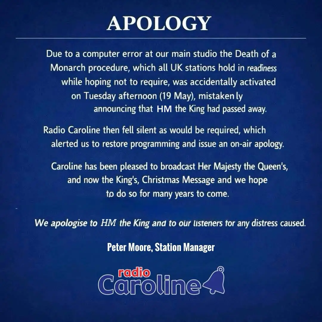 Radio Caroline shared the apology to social media earlier today (Facebook/Radio Caroline)