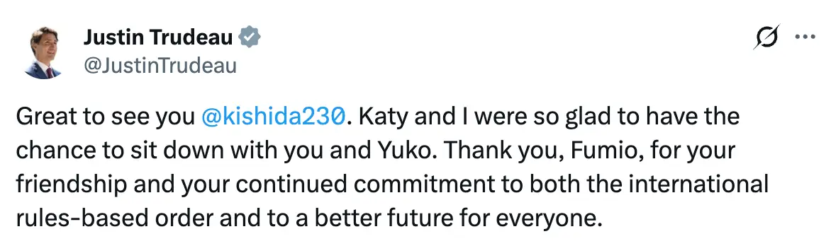 Katy was referred to as Trudeau's 'partner' in the X post (X/@JustinTrudeau)