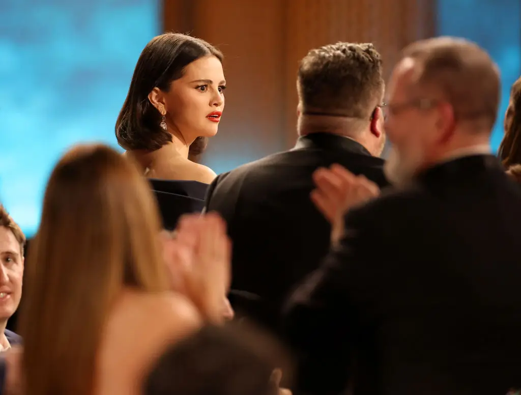 Selena mouthed 'What?!' before accepting the award on stage (Matt Winkelmeyer / Staff / Getty Images)