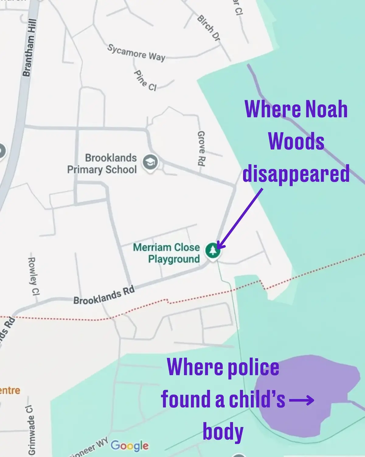 A map of where Noah Woods disappeared and where a body was found (Tyla/Google Maps)