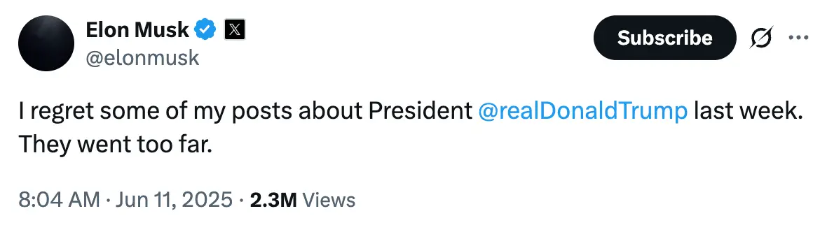 Musk admitted some of his posts went a little 'too far' (X/@elonmusk)