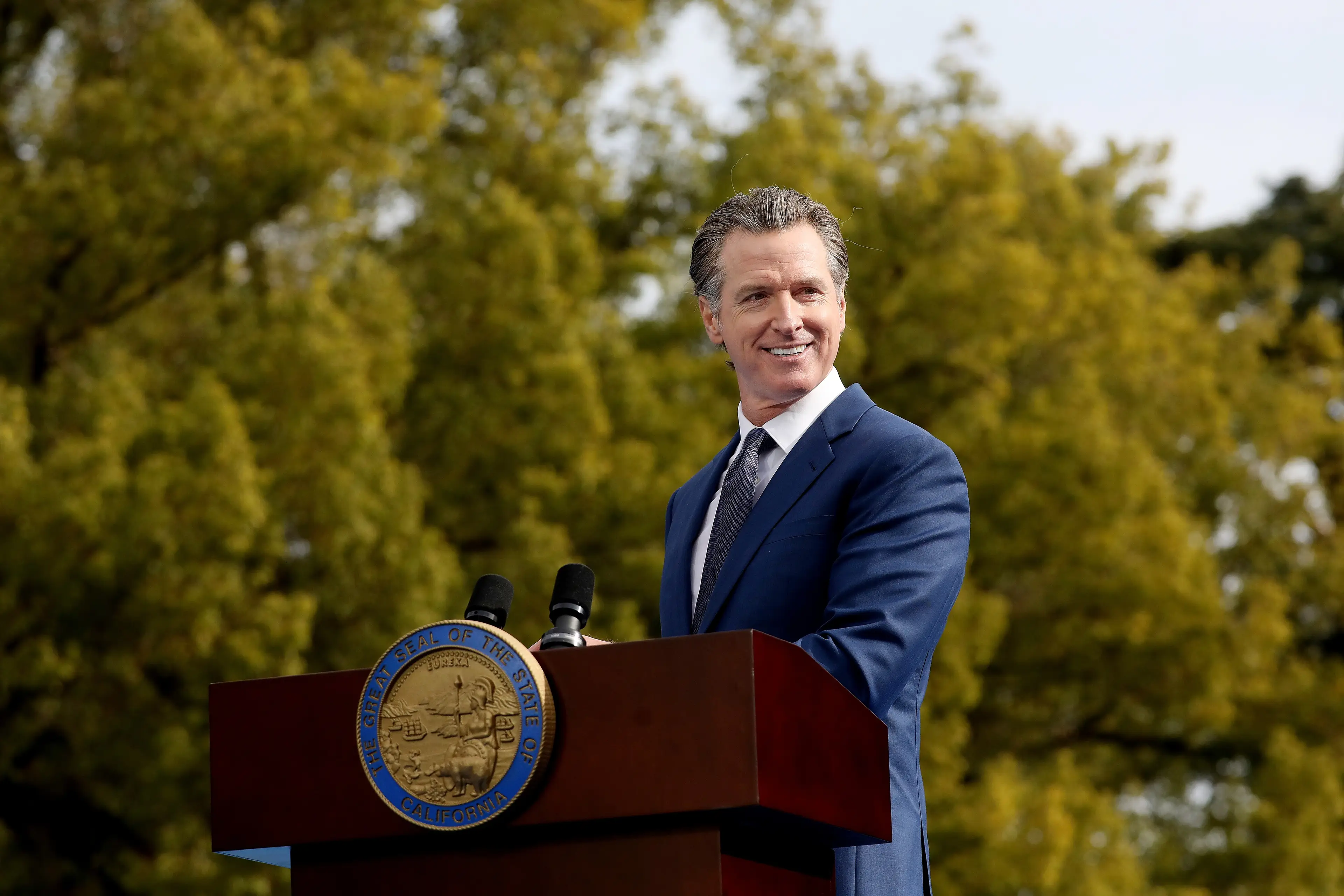 Governor Newsom has hit out at Trump following the decision to redraw districts (Gary Coronado / Los Angeles Times via Getty Images)