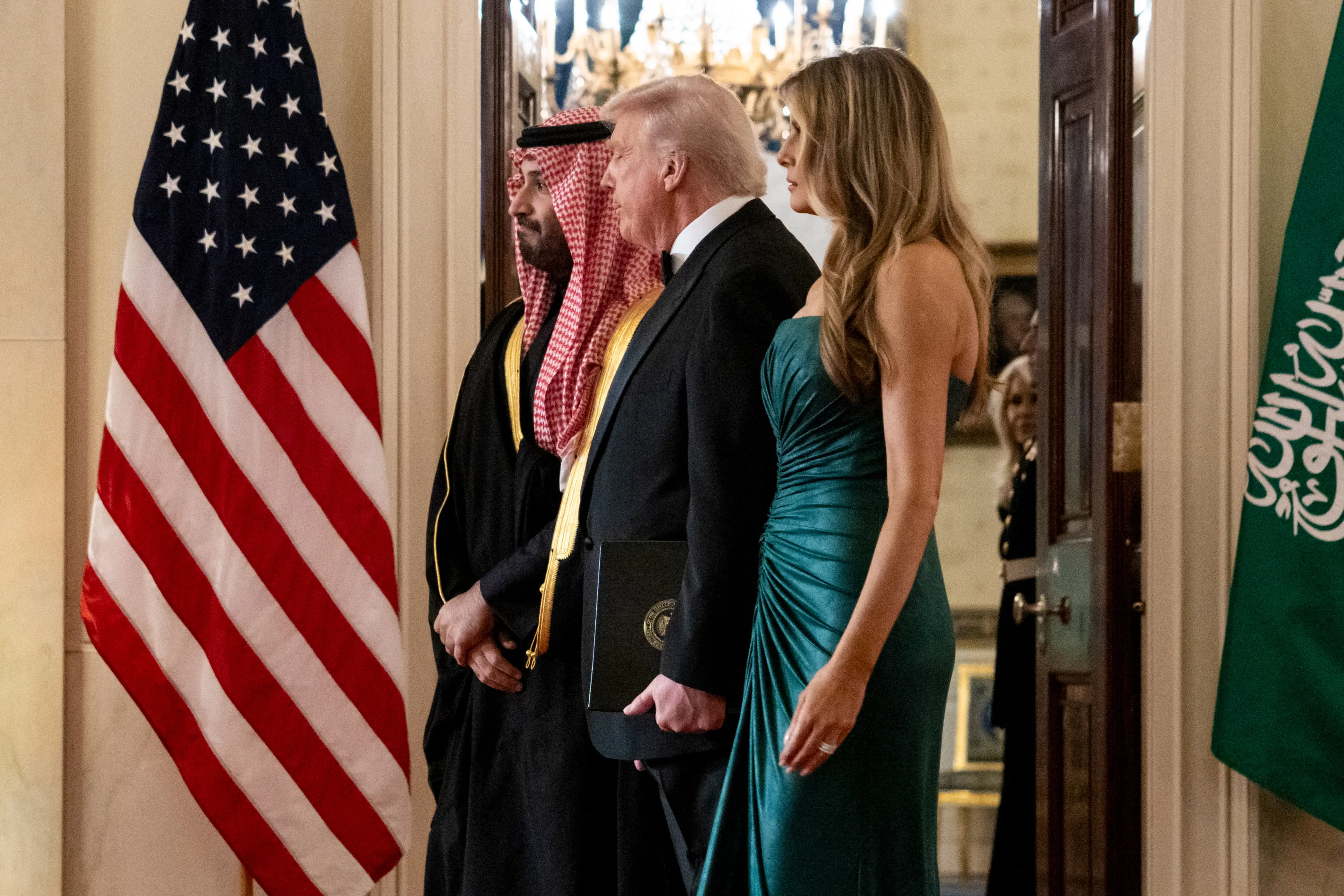 Social media users have compared the gown to the Saudi Arabia flag and emblem (Anna Rose Layden/Politico/Bloomberg via Getty Images)