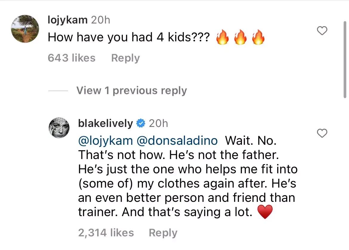Blake Lively followed-up a confusing Instagram comment with one clarifying her personal trainer didn't father her kids.