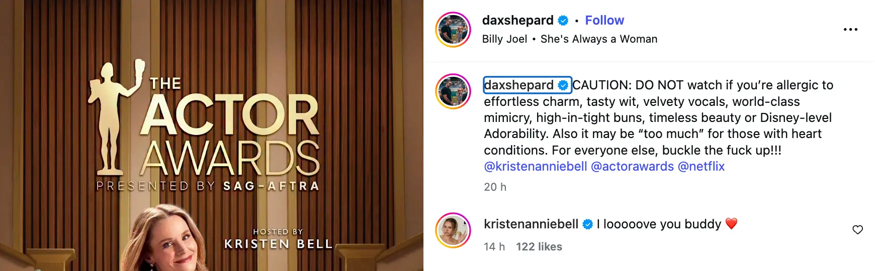 Shepard later gave his wife a shout-out on Instagram (Instagram/@daxshepard)