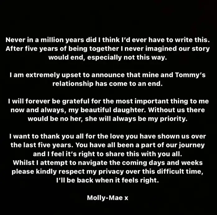 The former Love Islander shared a statement to Instagram. (Instagram/@mollymae)