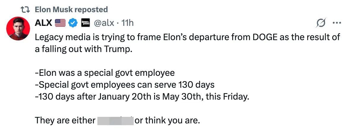 Musk addressed the Trump 'break up' rumours with a scathing retweet (X/@alx)