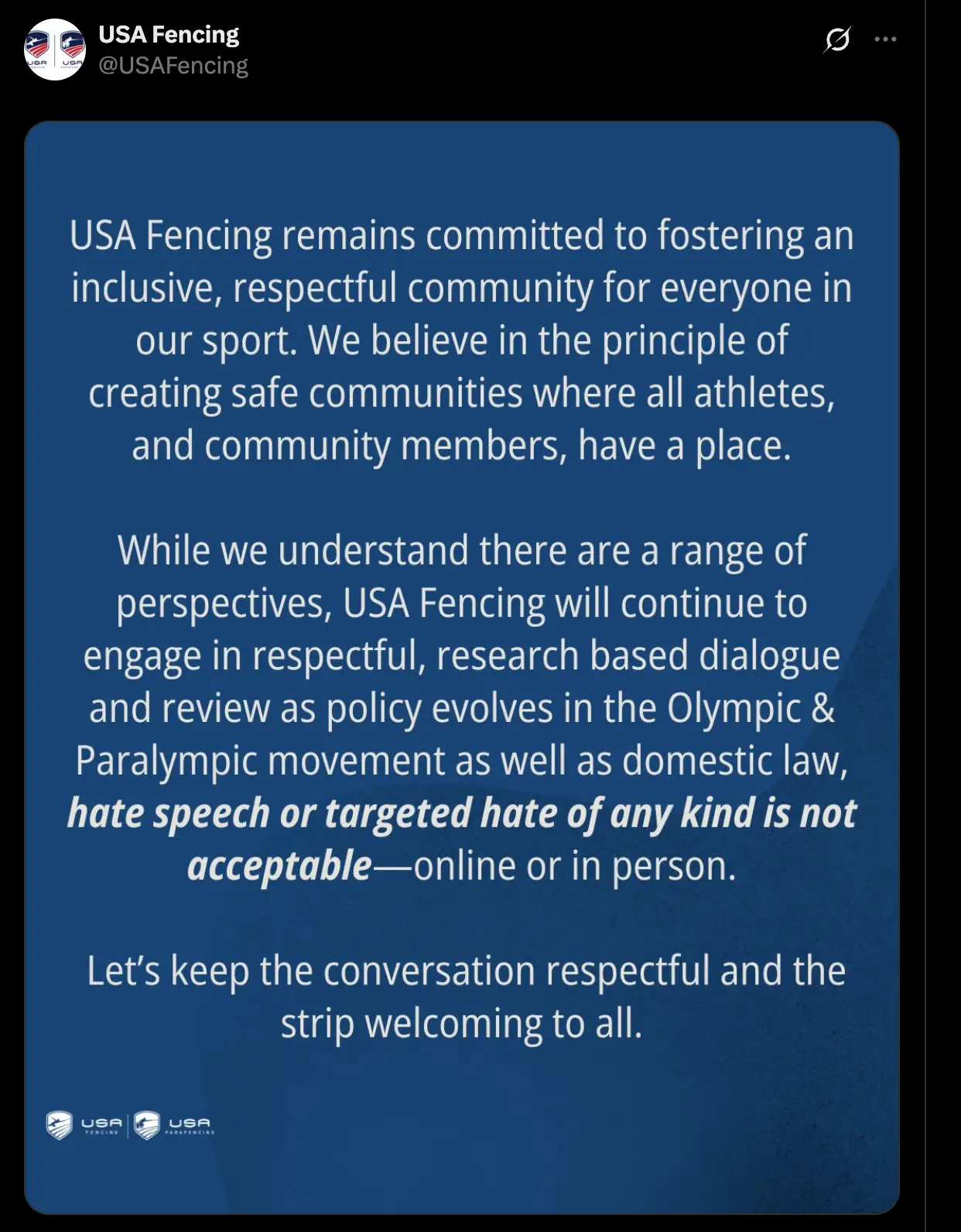 USA Fencing released a statement (X/@USAFencing)