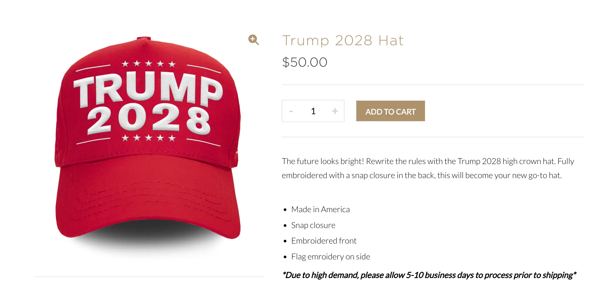 The 'Trump 2028 Hat' retails for $50 (Trump Store)