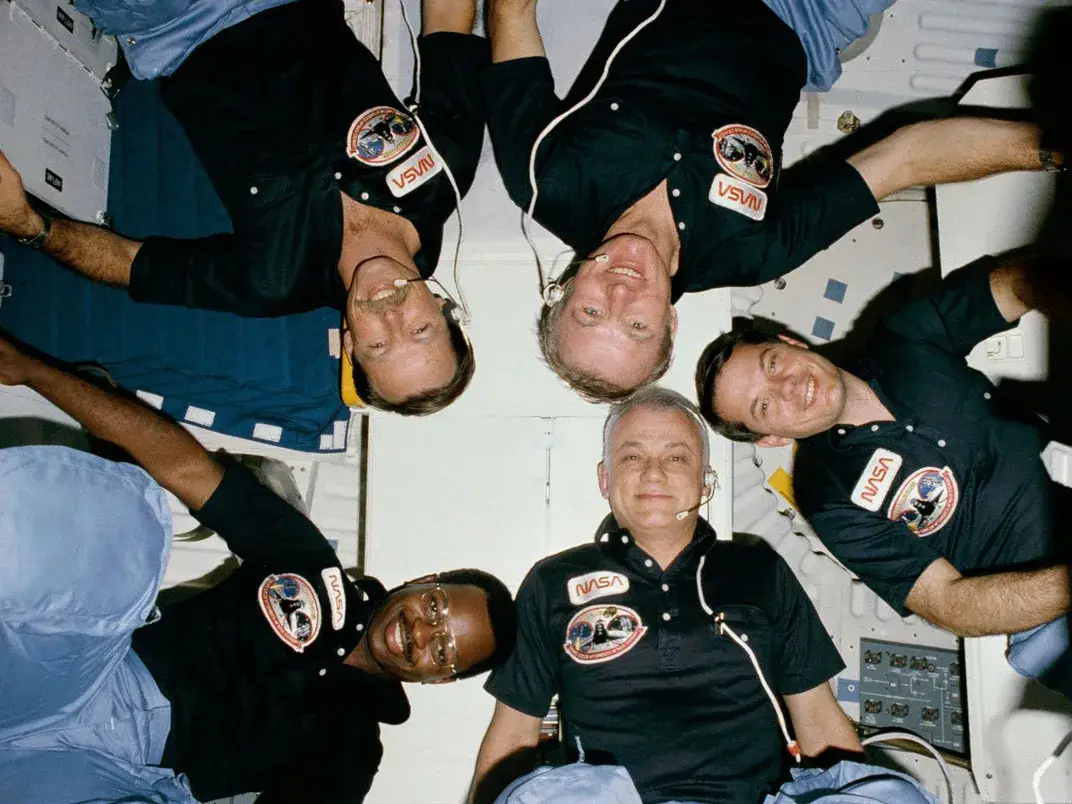 The crew on the Challenger shuttle; Vance D. Brand, Robert L. 'Hoot' Gibson, Ronald E. McNair, Bruce McCandless and Robert L. Stewart (NASA)