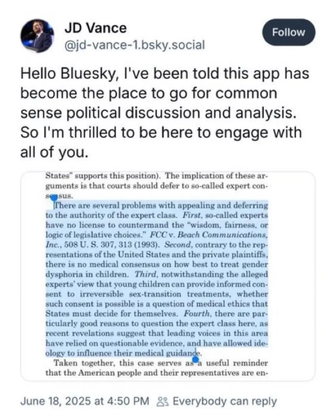 Vance shared his first Bluesky message last night (Bluesky)