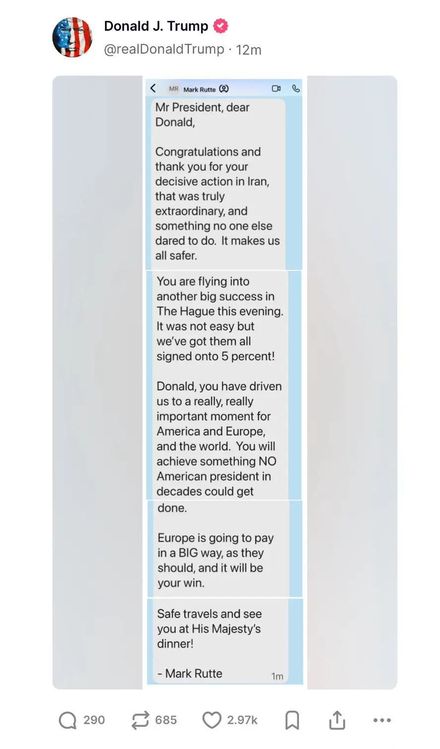 The text message has quickly made its way around social media (Truth Social/@realDonaldTrump)