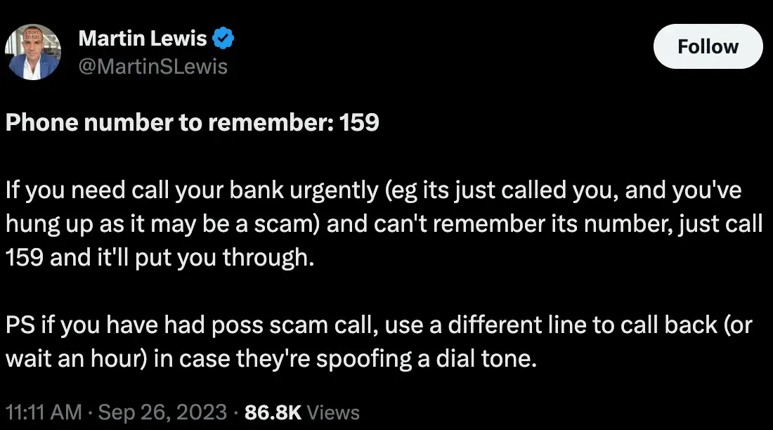 Martin Lewis reminded people of the number in a post to X.