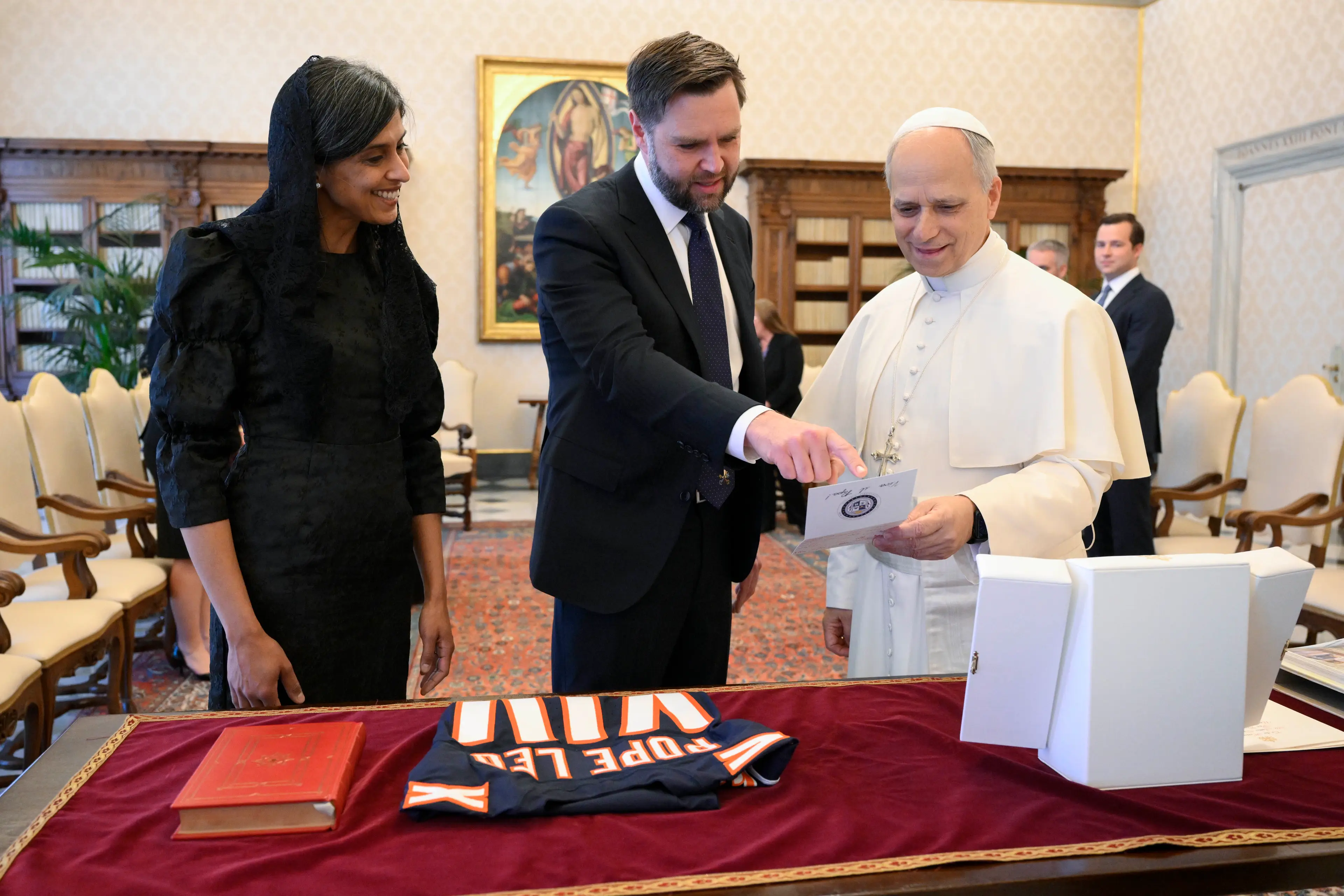 Vance presented the Pope with an NFL jersey last month (Simone Risoluti Vatican Media via Vatican Pool/Getty Images)