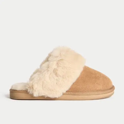 M&S Suede Faux Fur Trim Mule Slippers