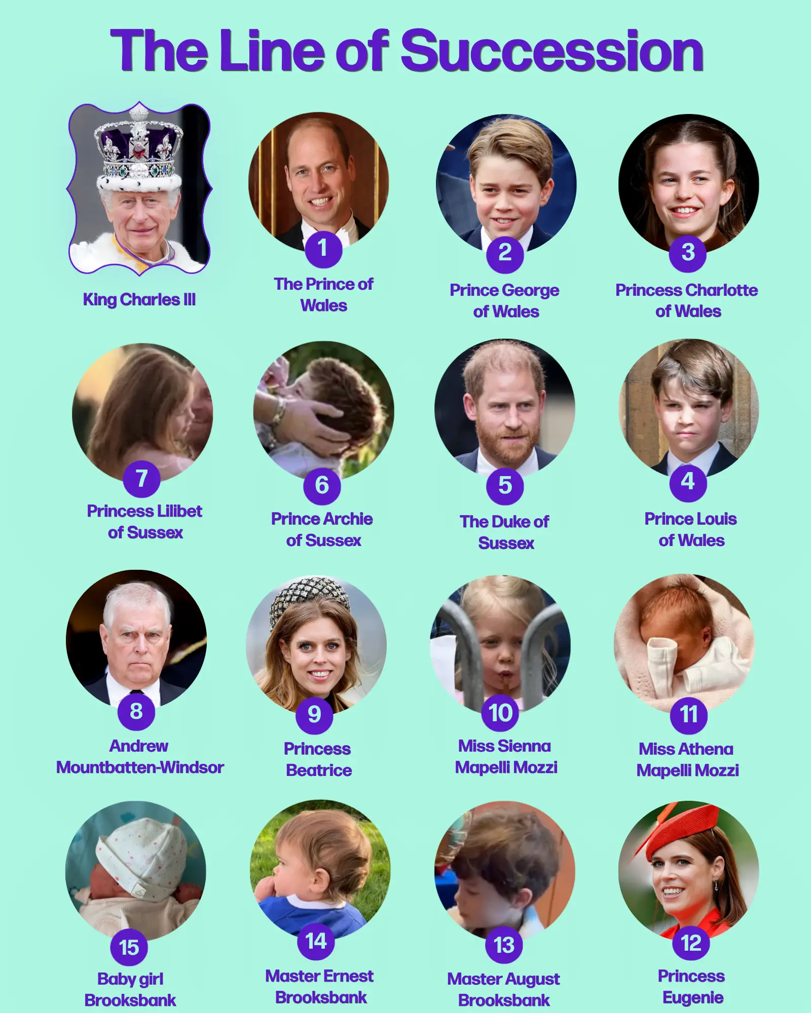 The line of succession (Max Mumby/Indigo/Getty Images/Chris Jackson/Getty Images For Buckingham Palace/Mark Cuthbert/UK Press via Getty Images/Instagram/meghan/JUSTIN TALLIS/AFP via Getty Images/Instagram/princesseugenie)