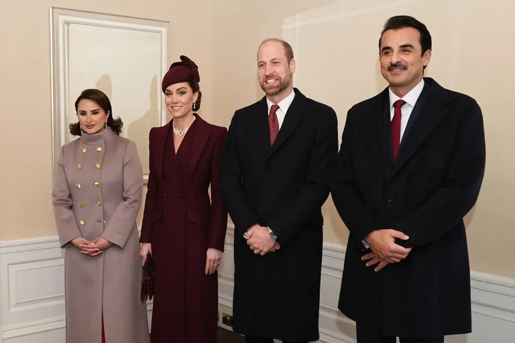 The Prince and Princess of Wales welcomed the Emir of Qatar, Sheikh Tamim bin Hamad Al Thani, and his wife, Sheikha Jawaher (Aaron Chown-WPA Pool/Getty Images)