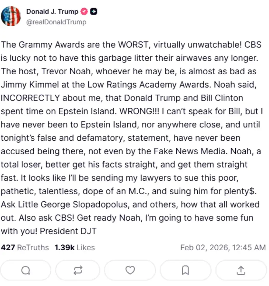 The politician threatened to take legal action against Noah (Truth Social)