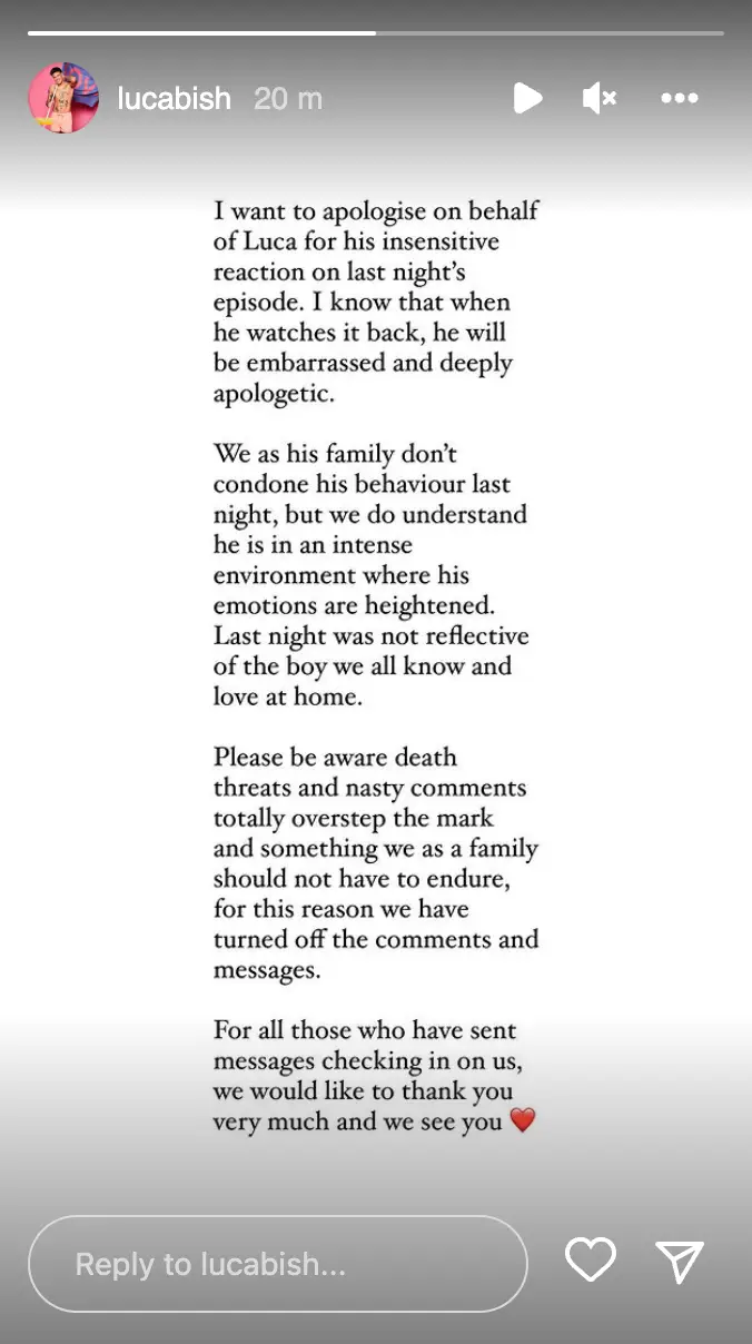 Luca's family have apologised for his actions.