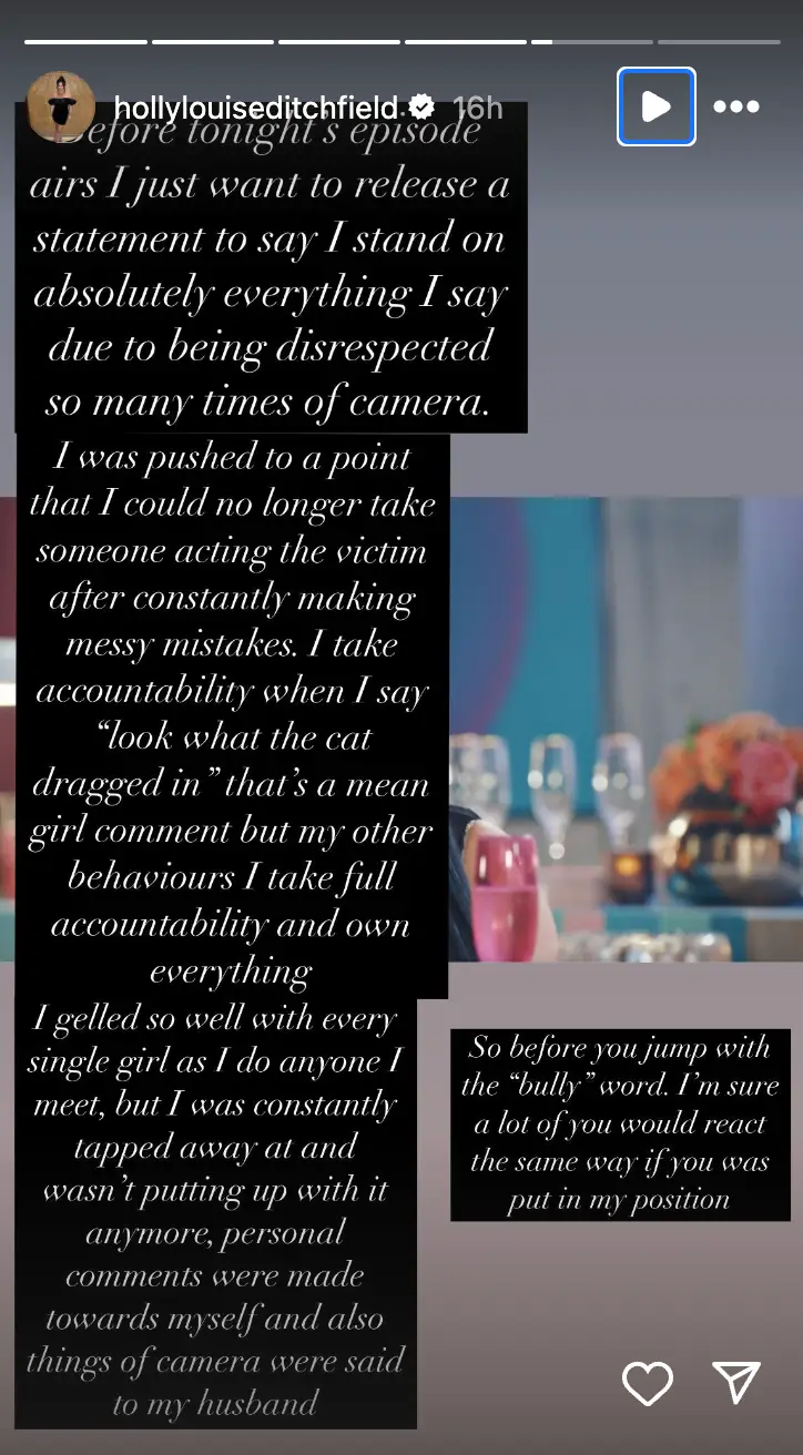 Holly shared a statement on Instagram explaining her behaviour (Instagram/@hollylouiseditchfield)