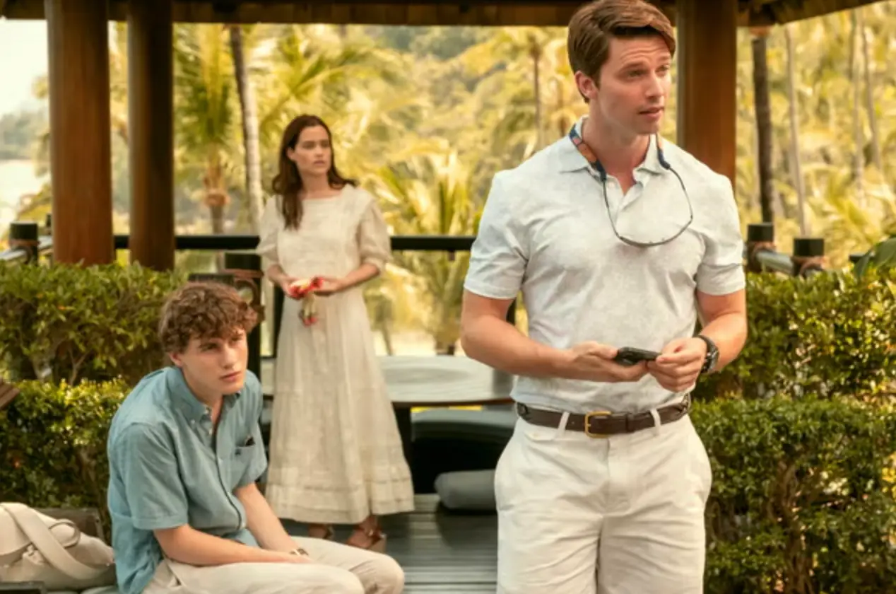 Sam Nivola, Sarah Catherine Hook, and Patrick Schwarzenegger in the third season of The White Lotus (HBO)