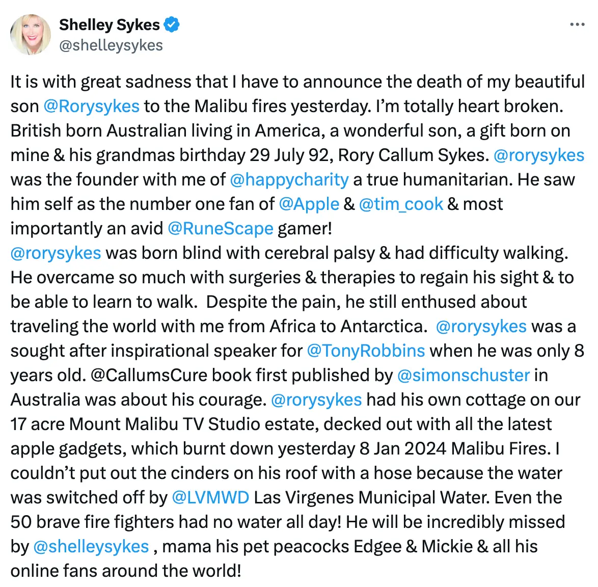 Rory's mum, Shelley, shared a statement on her son's tragic passing to social media (X/@shelleysykes)