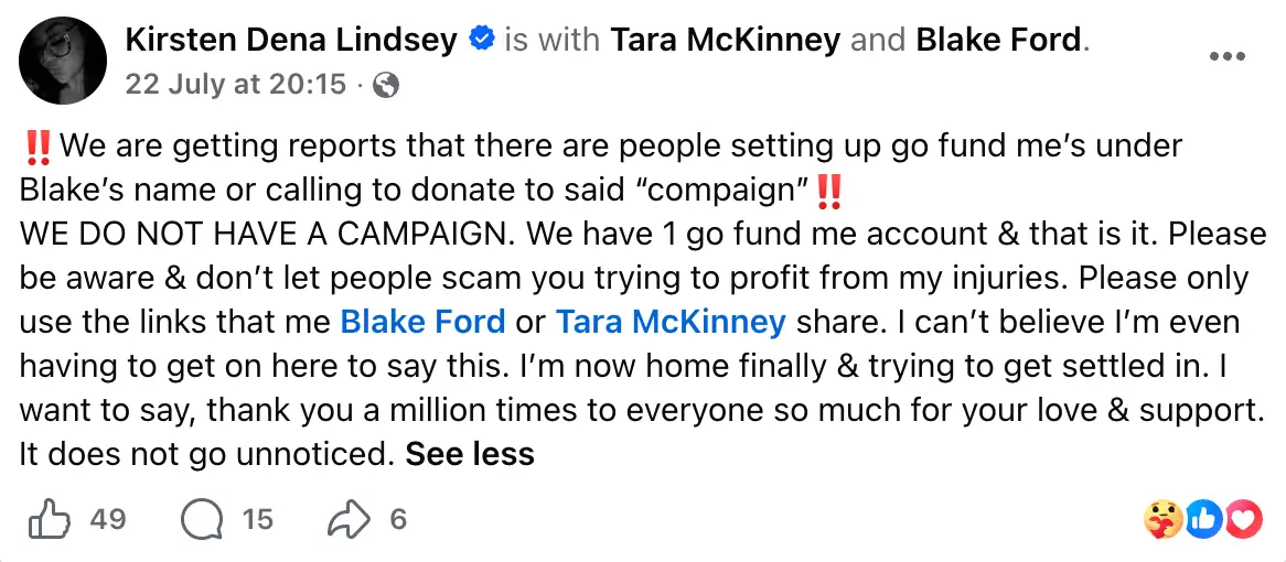 She's urging people to make sure others aren't profiting from her injury (Facebook/kirsten.lindsey.77)