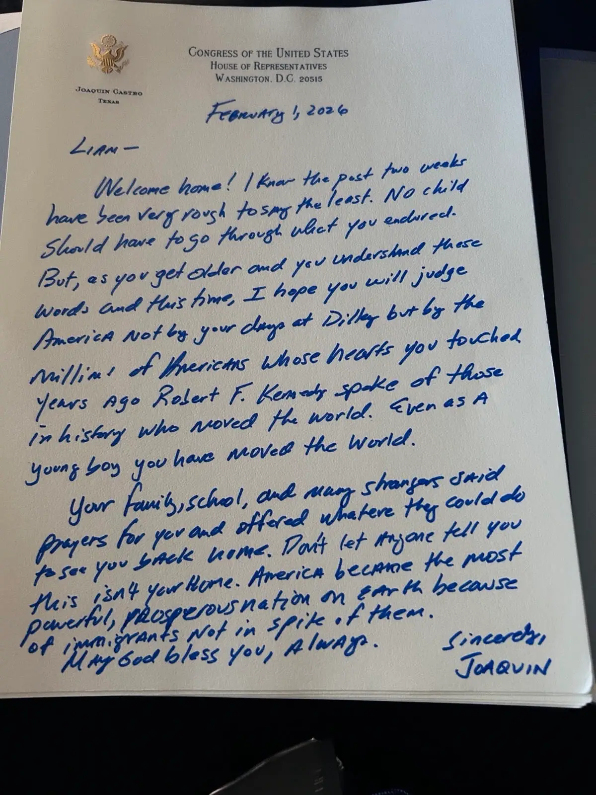 Castro shared the letter he wrote to the little one (@‌JoaquinCastrotx/X)