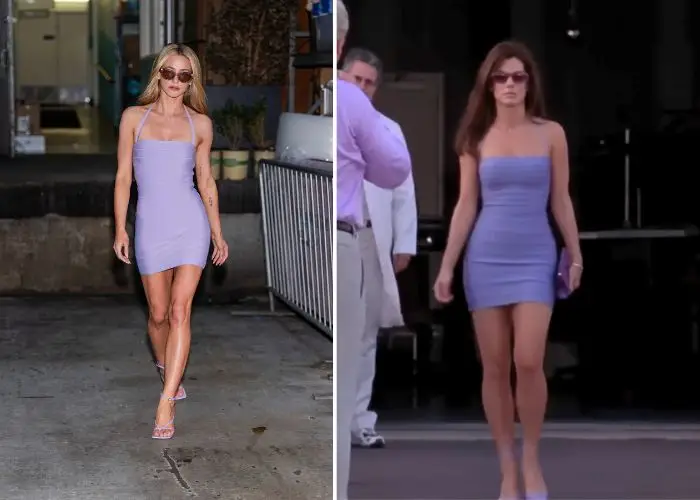 Reinhart sports a lilac bandage dress like Sandra Bullock (TheStewartofNY via Getty Images / Warner Bros Pictures)