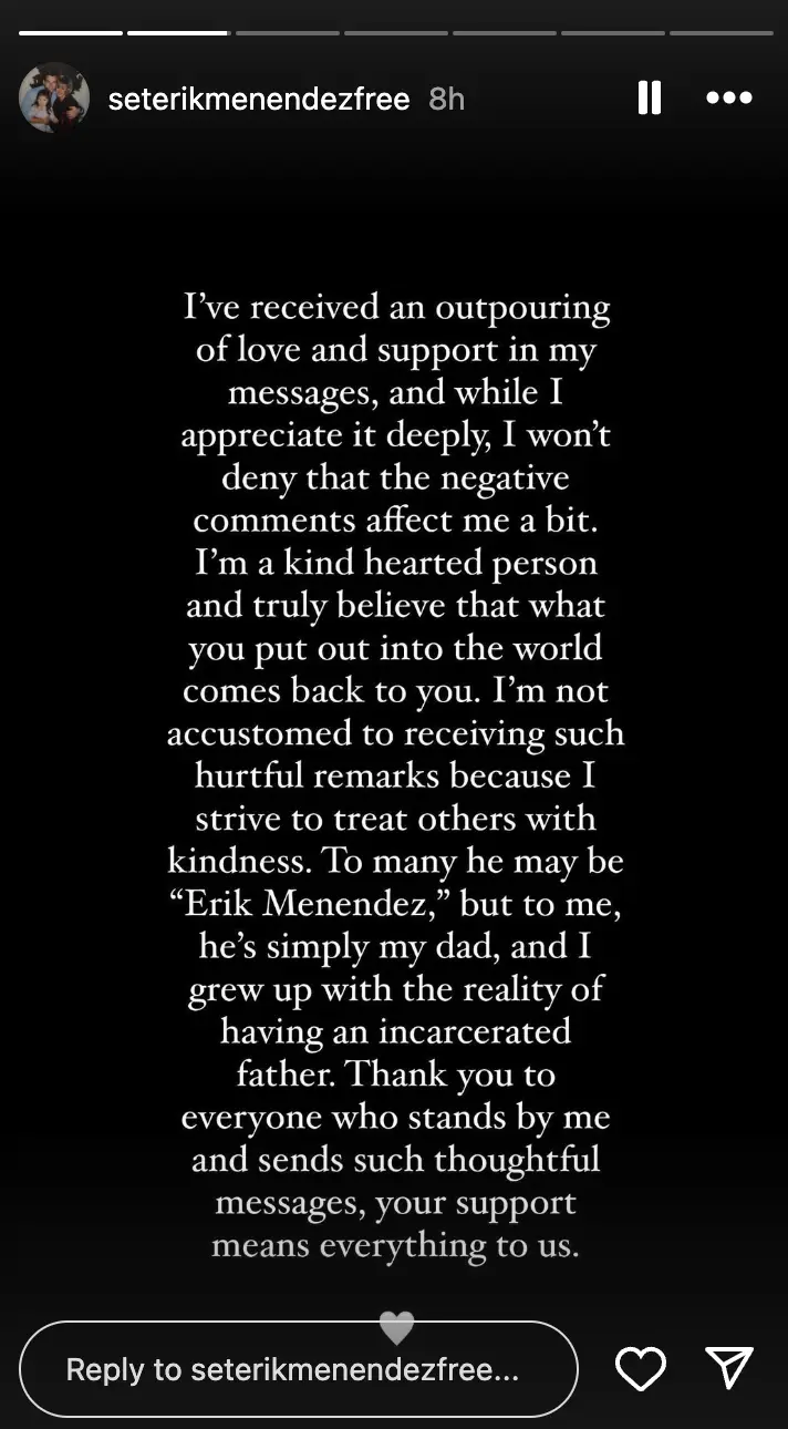 Talia shared a lengthy statement to social media after receiving hate messages online (Instagram/@seterikmenendezfree)