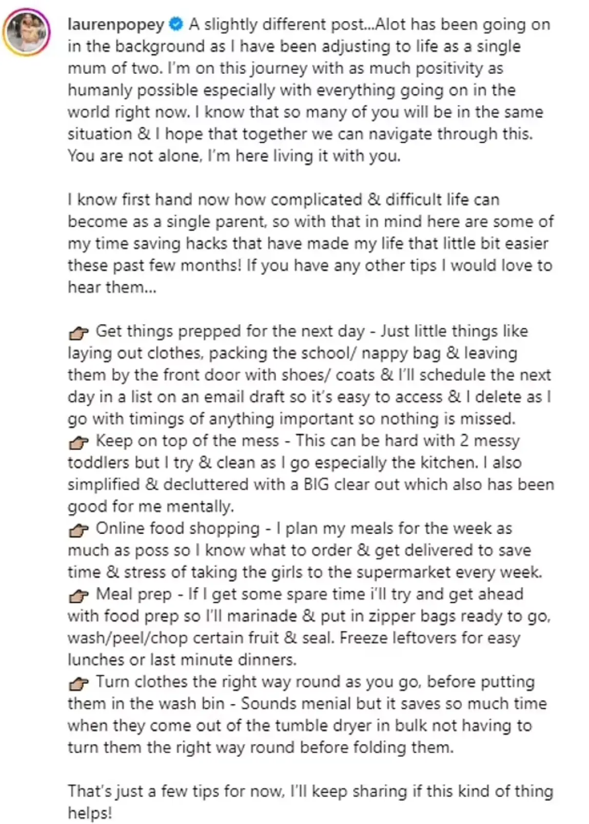 Lauren posted a lengthy Instagram post about life as a single mum.