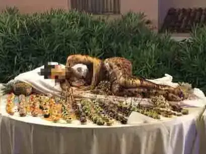 The bikini clad woman was drenched in chocolate as part of the buffet dessert display.