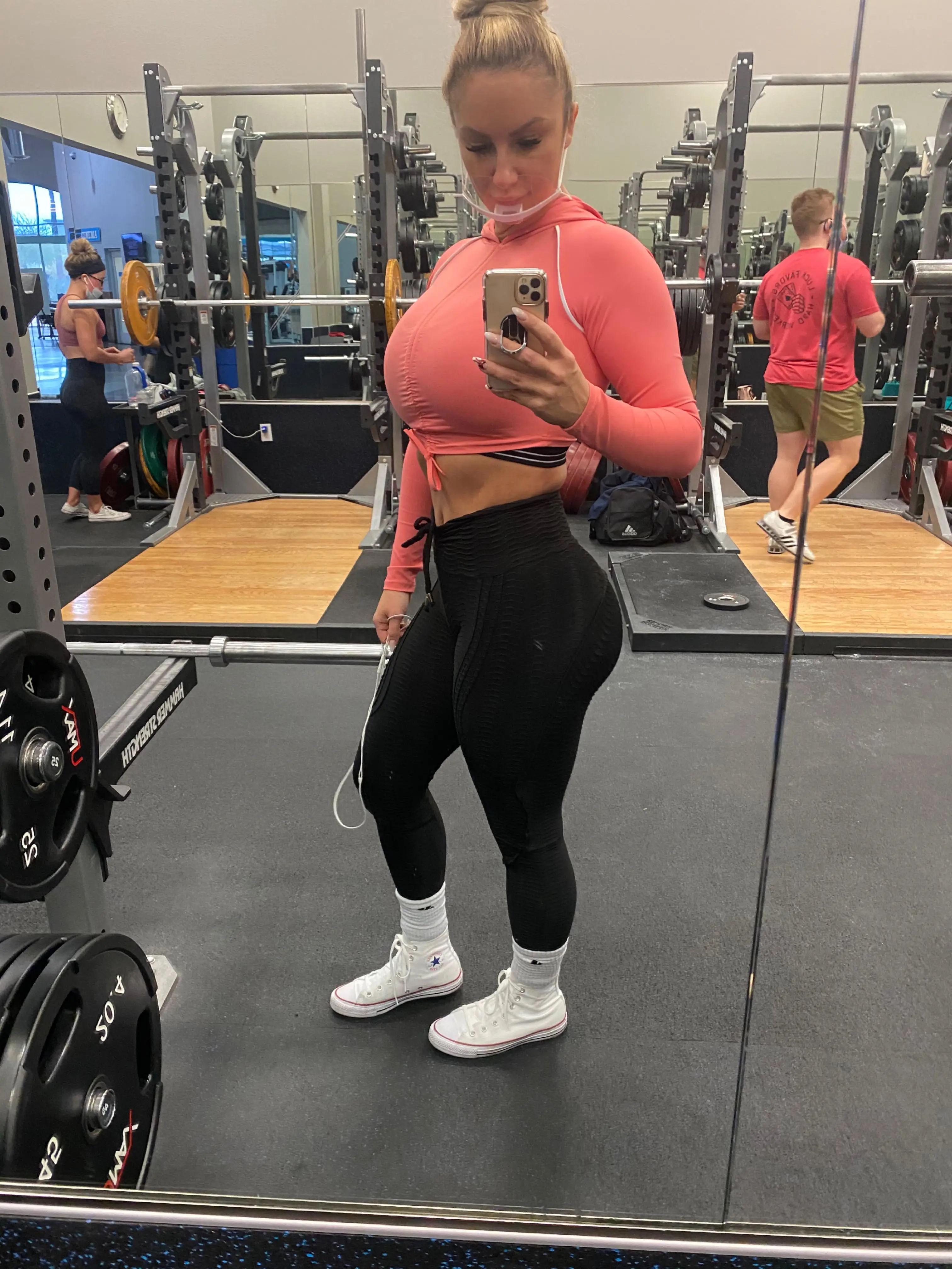 Monica says she goes to the gym at least five times each week.