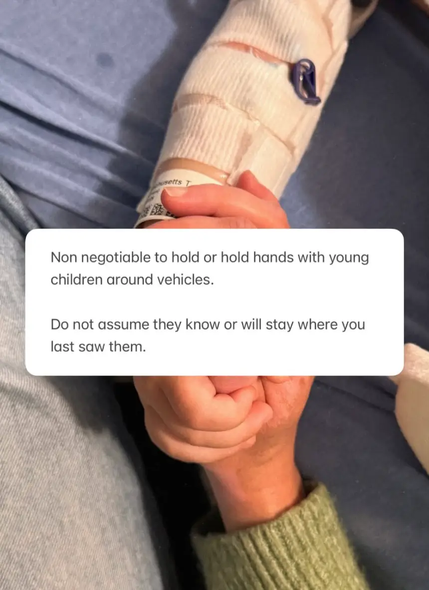 The mumfluencer outlined a 'non-negotiable' of holding or holding hands with young children around vehicles (Instagram/@hillside_farmhouse)
