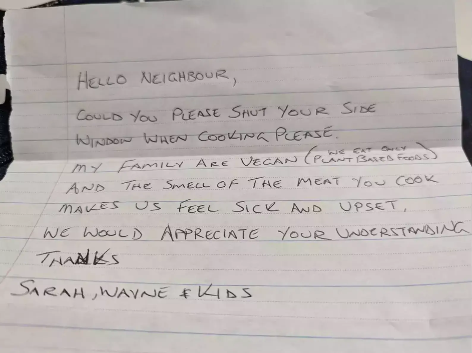 The letter in question from the 'vegan family'.