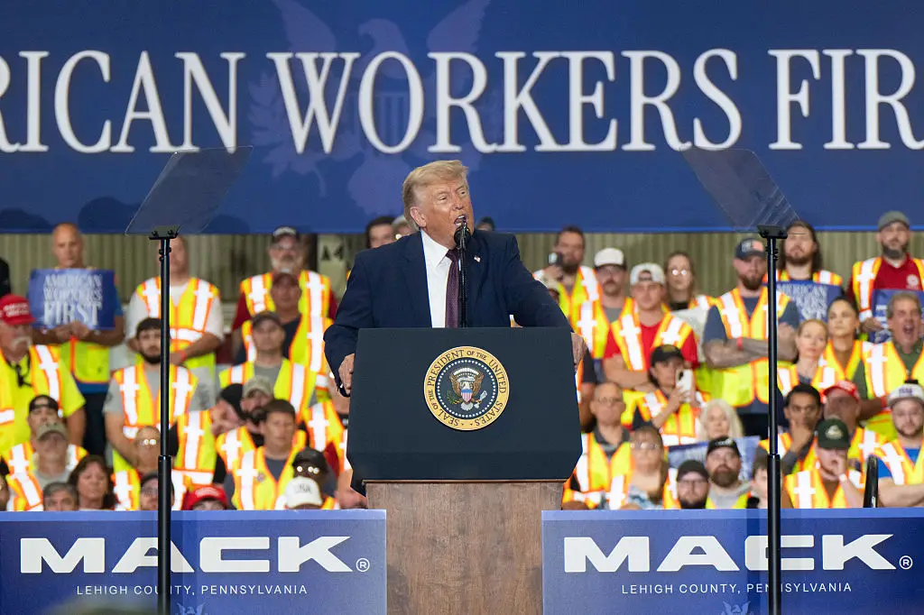 The US President said there were 'no women in the crowd, which is nice' (Bloomberg/Getty Images)