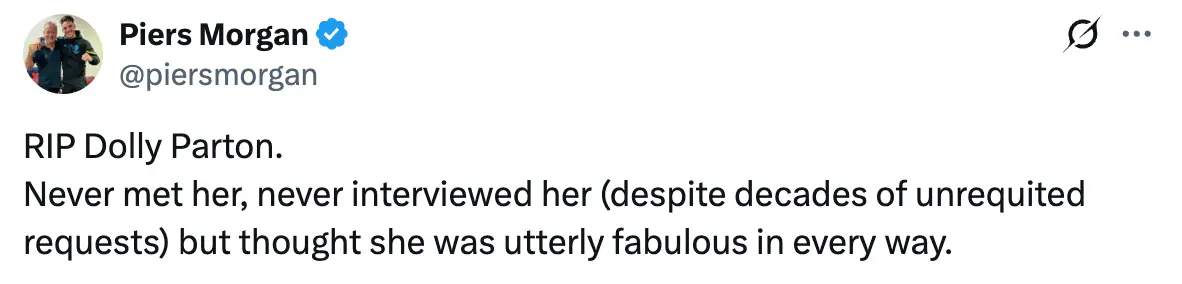 Morgan's tweet hasn't gone down too well with Parton's fans (X/@piersmorgan)