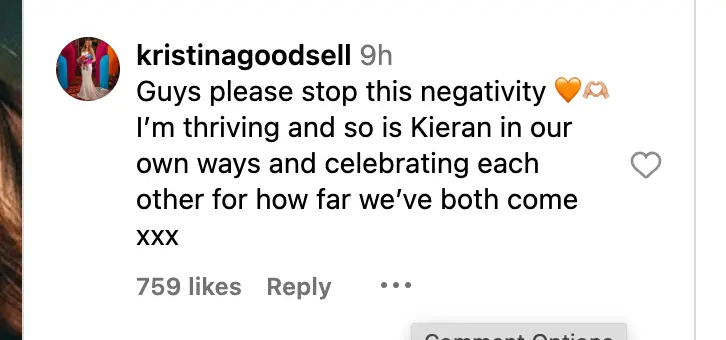 Kristina has responded to Kieran's statement (Instagram/@kristinagoodsell)