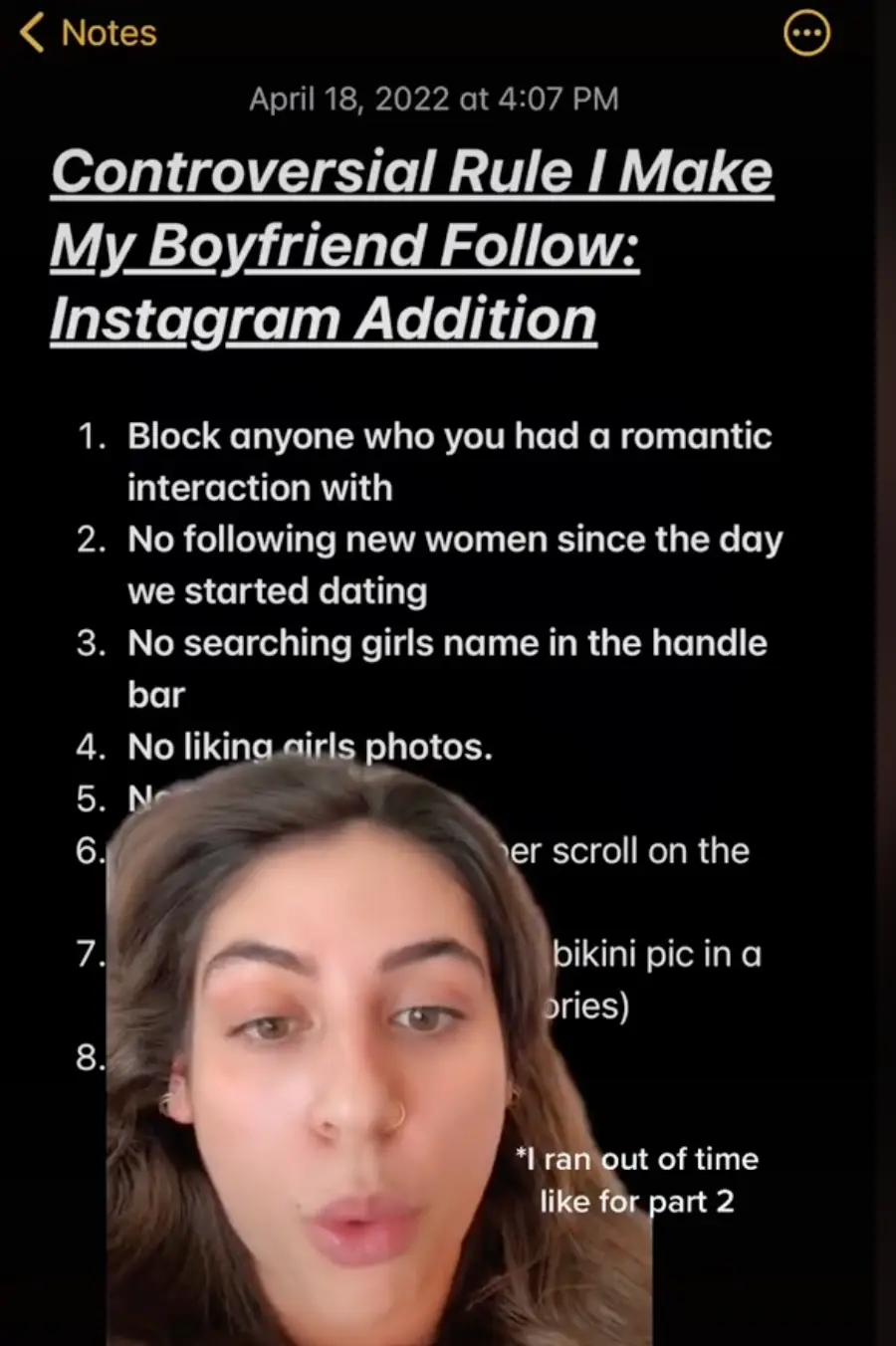 The user has been asked for part two of her rules for relationships.