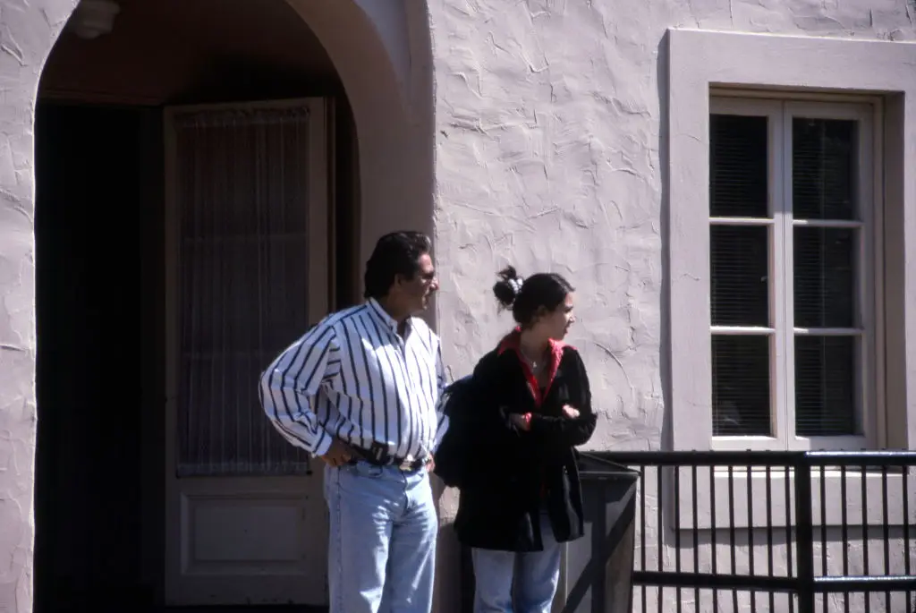Young Kim was pictured outside a high school with her father Robert (Jim Heimann Collection/Getty Images)