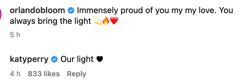 Bloom praised Perry on Instagram.