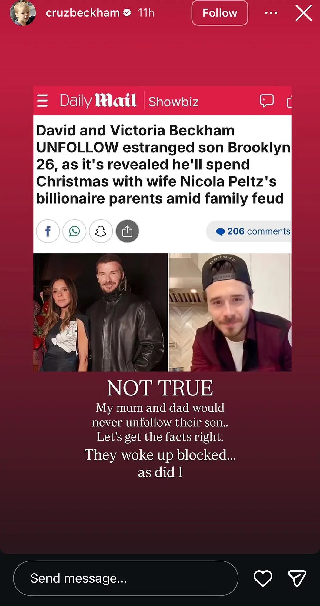 Cruz took to Instagram to hit out over the unfollowing claims (Instagram/@cruzbeckham)