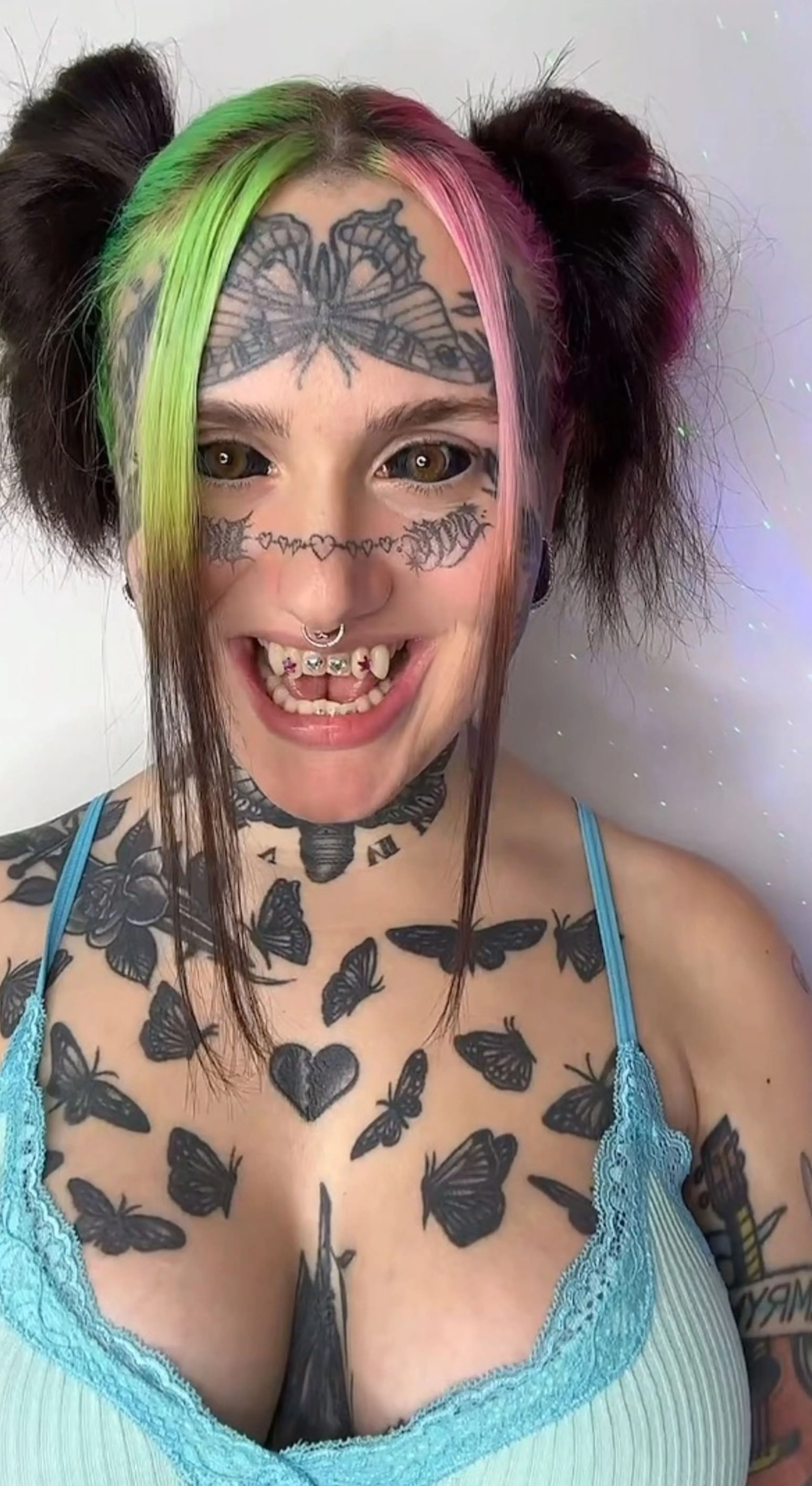 Kierstyn has fanged teeth, a split tongue and has even tattooed her eyeballs.