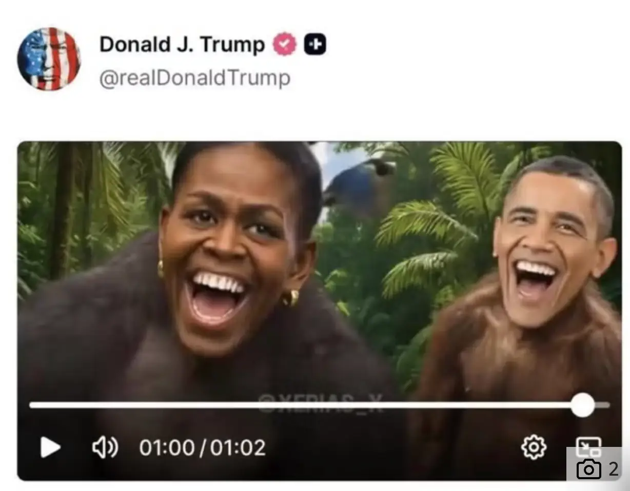 Trump shared a video of Barack and Michelle Obama depicted as monkeys (X/Truth Social)