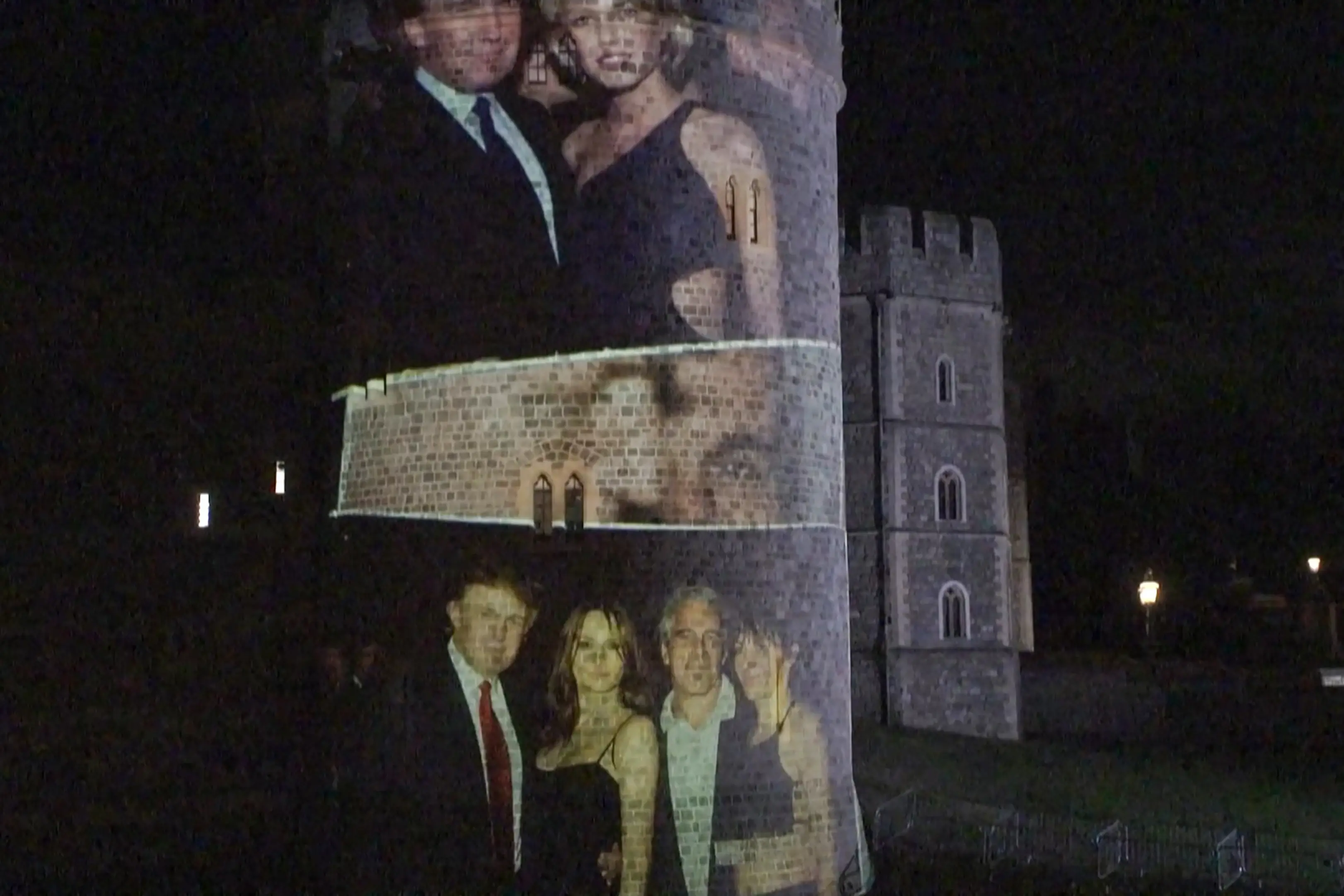 The projection included photos of Trump with paedophile financer Jeffrey Epstein (Lena VOELK / AFP via Getty Images)