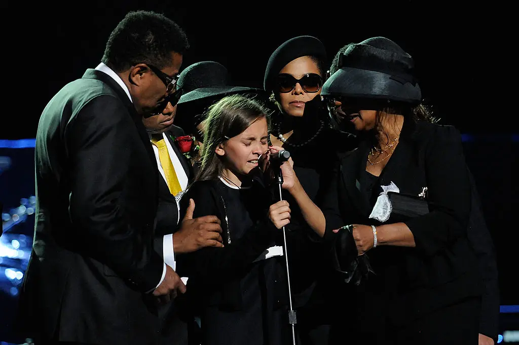 Paris was just 11-years-old when her father Michael died and gave an emotional speech at his memorial, but she says her relationship with his memory now is 'beautiful' (Photo by Kevin Mazur/MJ Memorial via Getty Images)