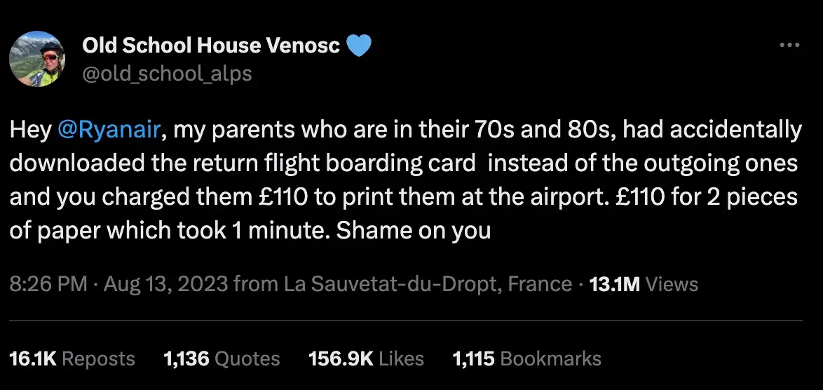 The couple's daughter called out Ryanair.