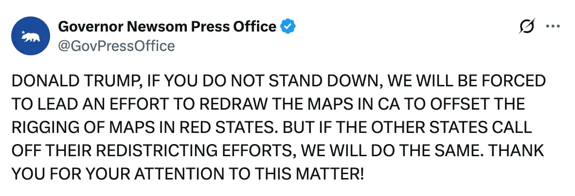 Newsom's team issued a warning on social media (X)