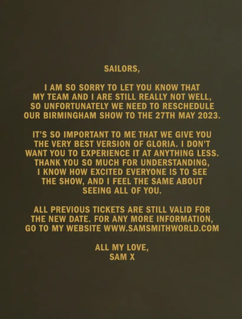 Sam announced that the gig will be rescheduled for 27 May.